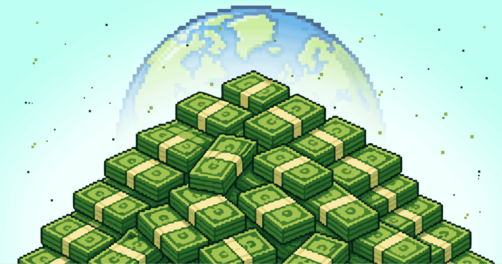 Pixel art illustration of a large pile of bundled banknotes.